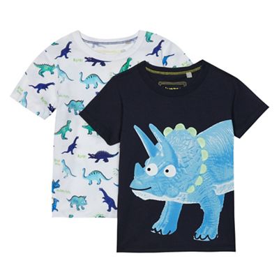 Pack of two boys' navy and white dinosaur print t-shirts